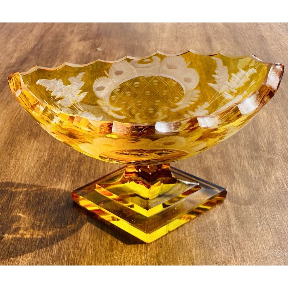 Antique Bohemian Amber Cut Clear Crystal Pedestal Salt Cellar Bowl Etched Art - Picture 4 of 12